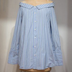 Off the Shoulder Office Space Striped Button Up Shirt Dress